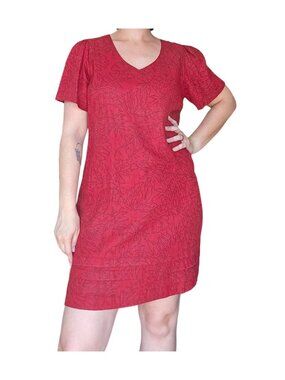 Vintage Nicole Miller Pure Linen Red Tropical Floral Mini Dress Size L Summer